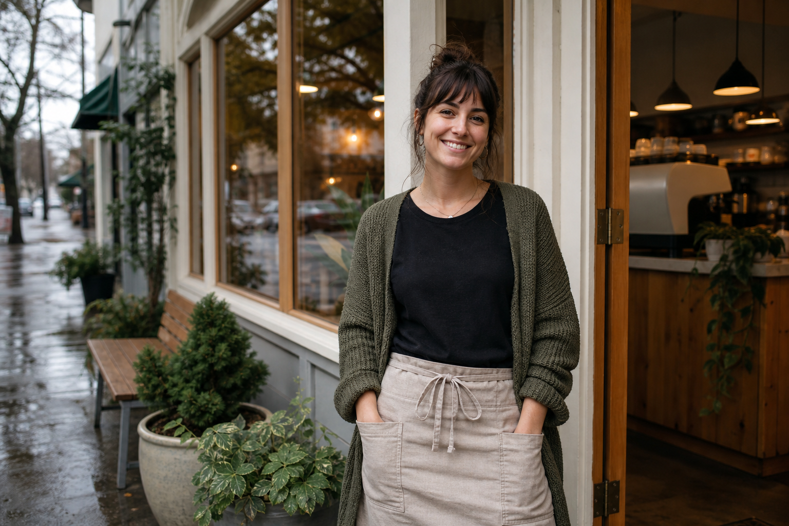 Cassandra Reed standing outside her newly opened coffee shop in Portland