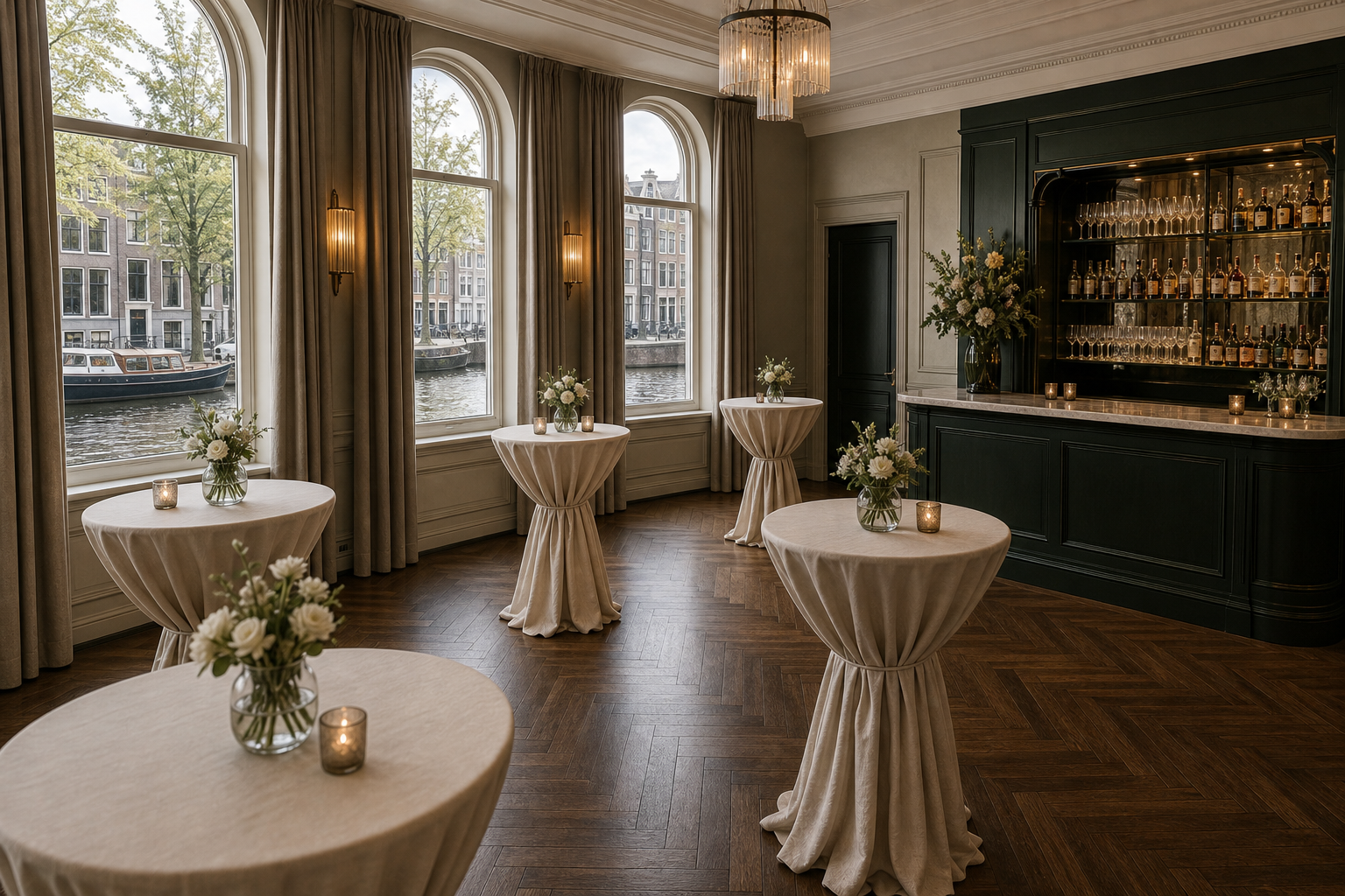 Empty boutique hotel event room in Amsterdam before AI guest scene generation